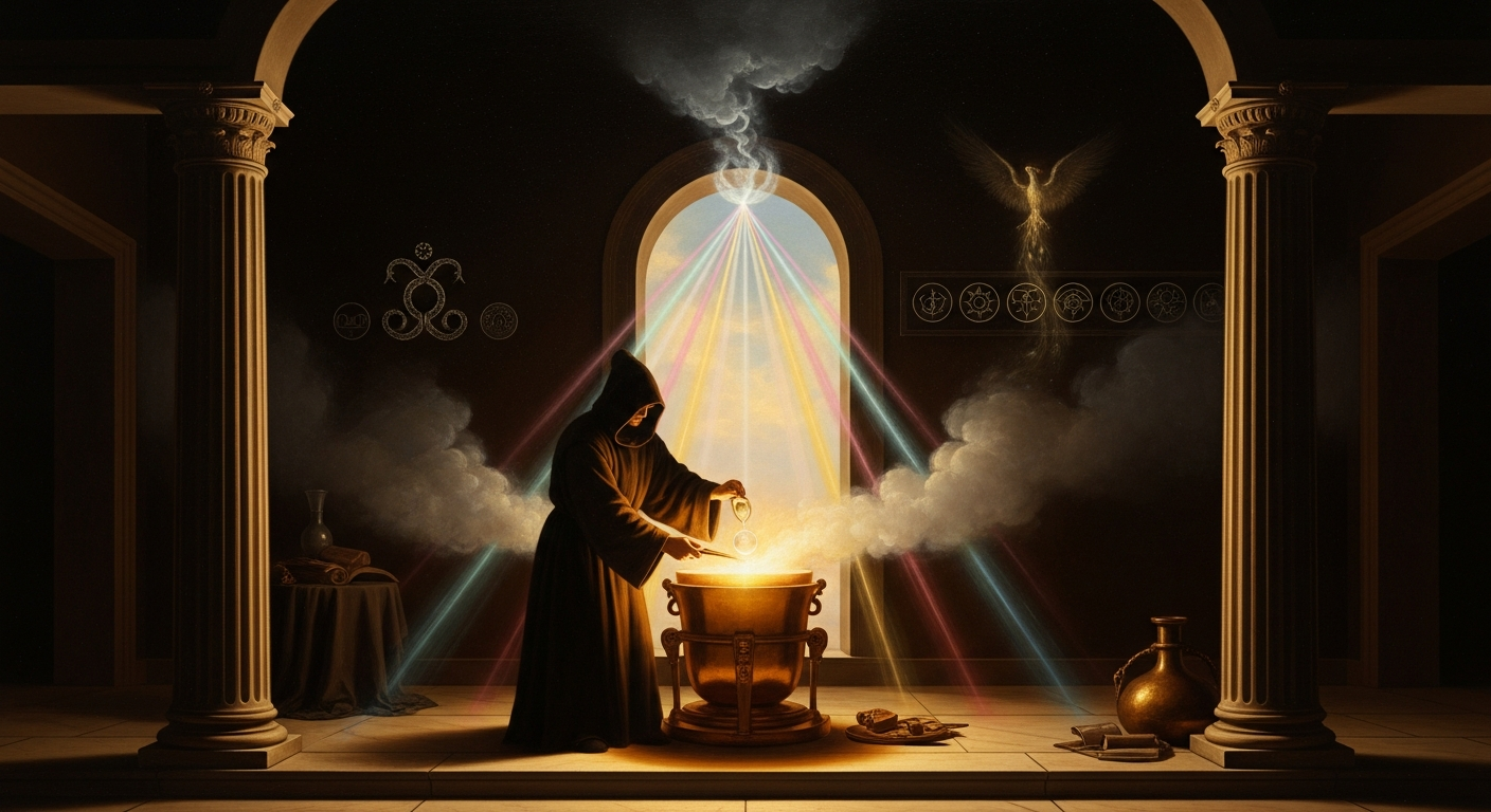 A hooded figure stirs a glowing cauldron in a dark colonnade as colored rays stream from an arched window and a small phoenix hangs in the darkness.