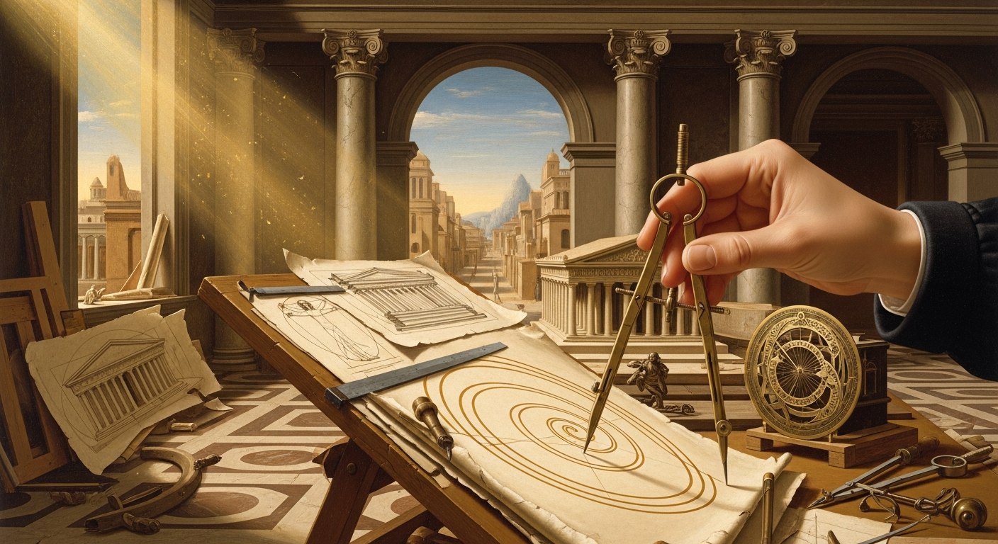 A hand holds a compass over concentric circles on a drafting table in a classical colonnade, with architectural drawings and a distant arched vista.