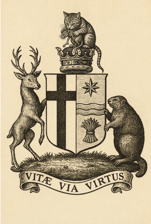The Dawson family crest in dark ink on cream: a stag and beaver support a shield, a cat with a mouse sits above a crown, and the motto VITÆ VIA VIRTUS.