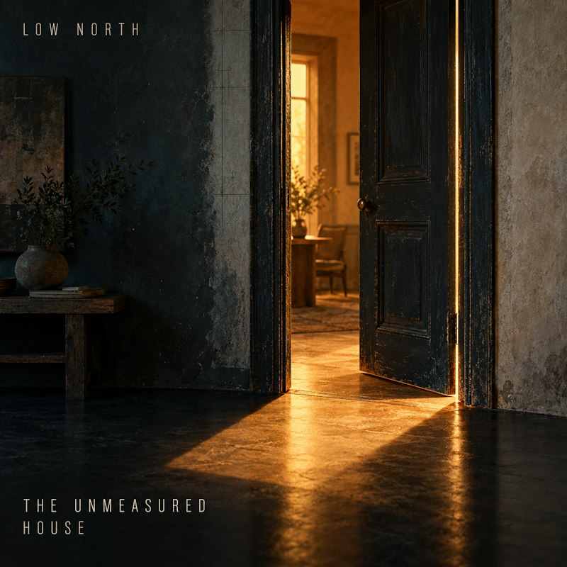 The Unmeasured House: an open door casts amber light across a dark room.