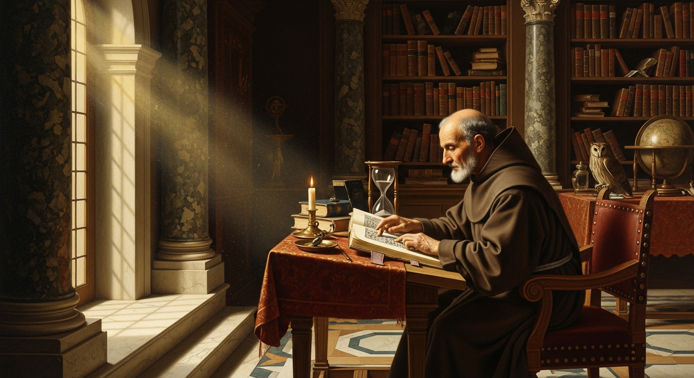 An elderly monk in a brown habit sits at a red-draped table in a dark library, reading an open book by a single candle as a shaft of light falls from a window.