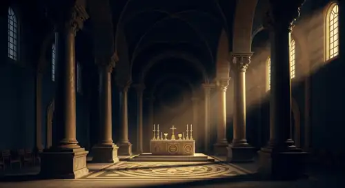 Original essay illustration of a Roman basilica filled with warm light.