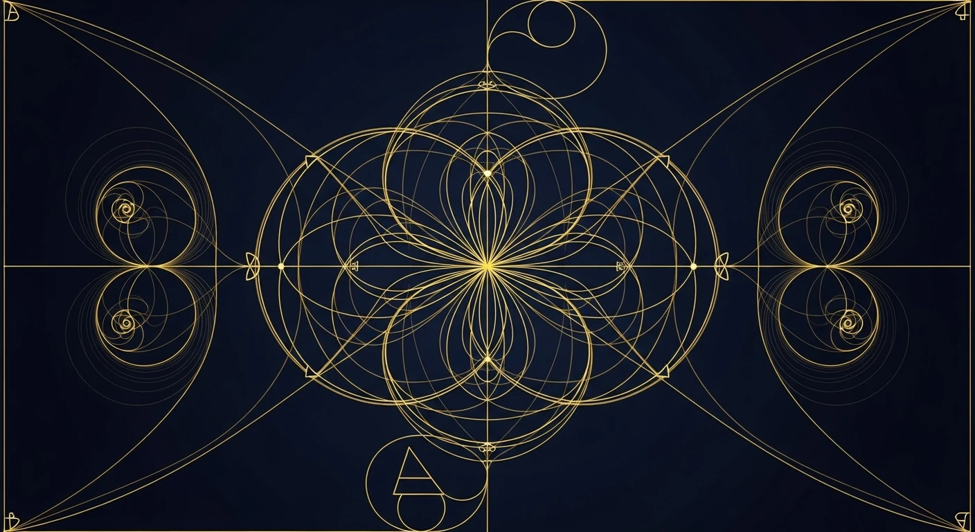 Fine golden loops and intersecting curves arranged symmetrically on a dark blue field.