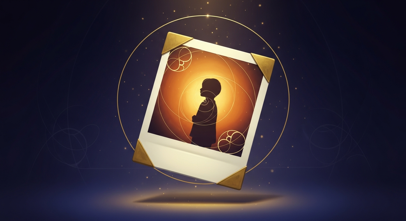 Original essay illustration: a symbolic Polaroid frame holding a child’s silhouette. An imaginative painting, not a photograph of a person.