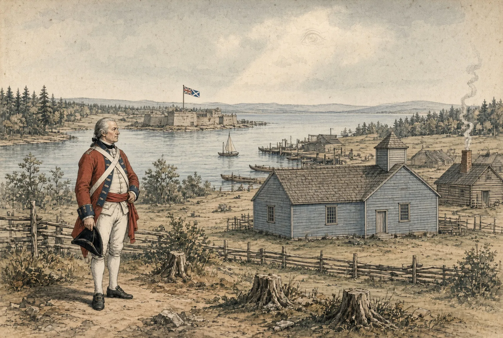 A Loyalist officer in a red coat stands on a hillside above Kingston harbour, hat in hand, facing a weatherboard church; a fort with a pre-1801 Union Flag lies across the water under a faint eye in the clouds.
