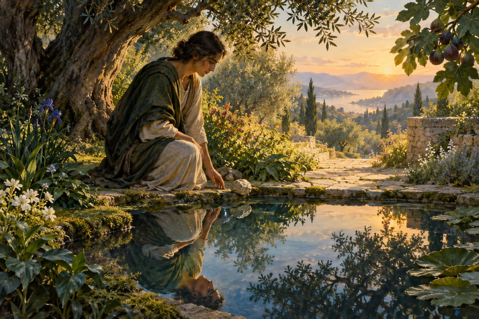 A person studies a reflection in a quiet garden pool at dawn, beside a rough stone.
