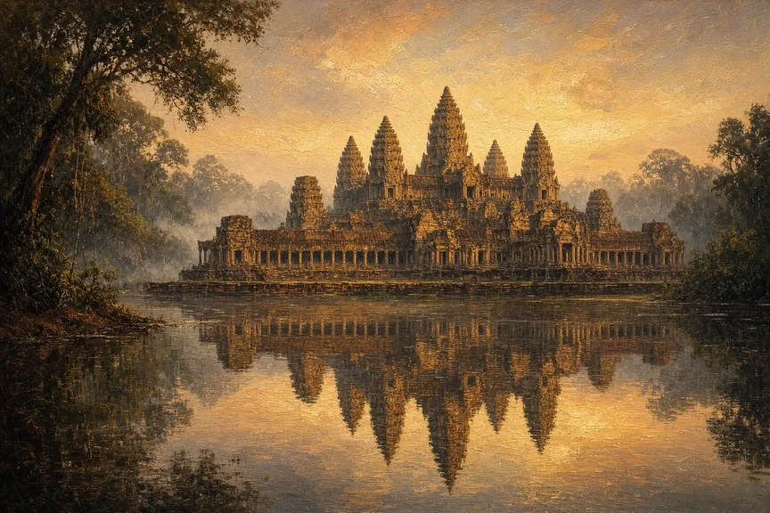 An imagined view of Angkor Wat in golden light, with temple towers reflected in water and trees framing the scene.