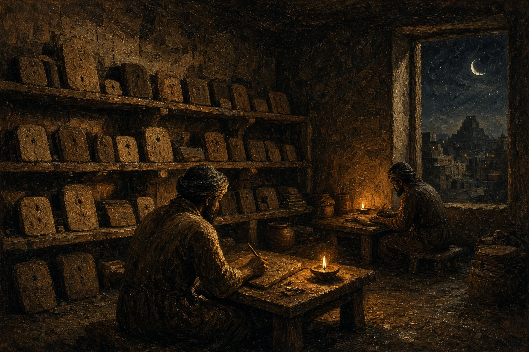 Two figures work by lamplight among shelves of clay tablets, with a stepped city temple visible through a window.