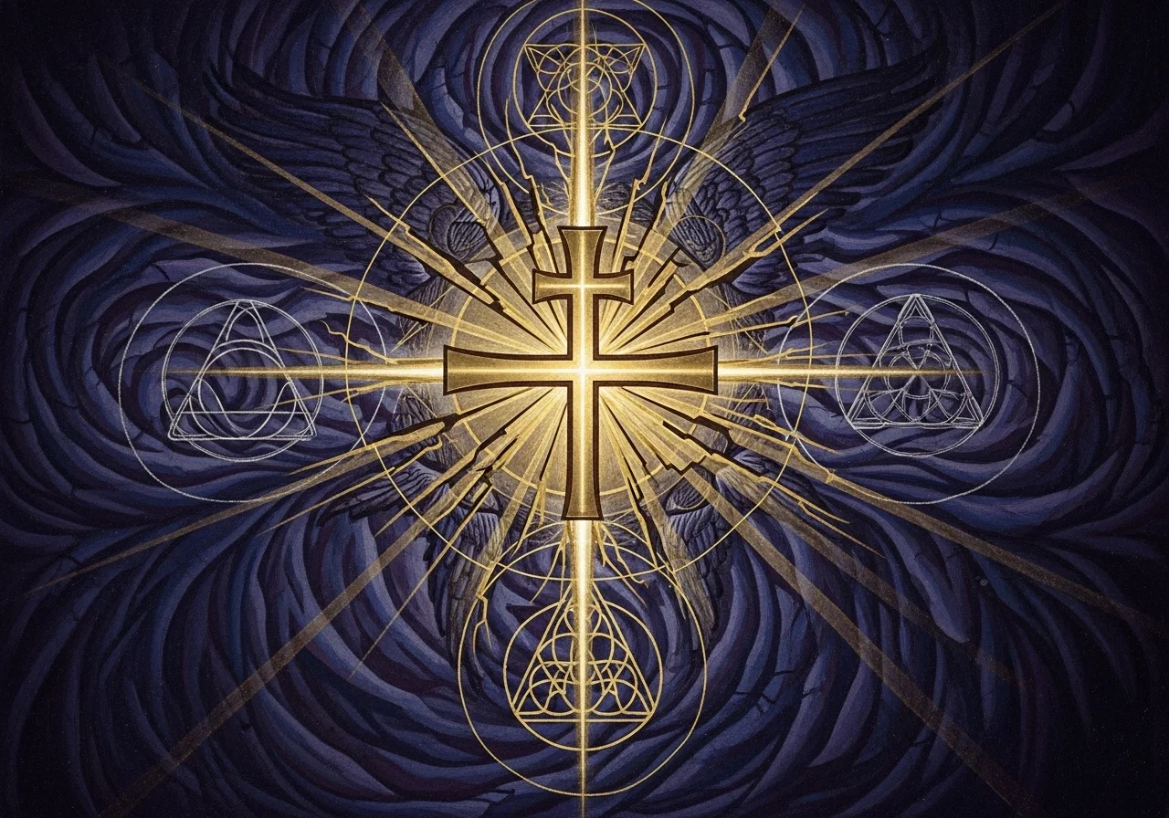 A golden cross radiates light through layered dark-blue forms and fine geometric circles.