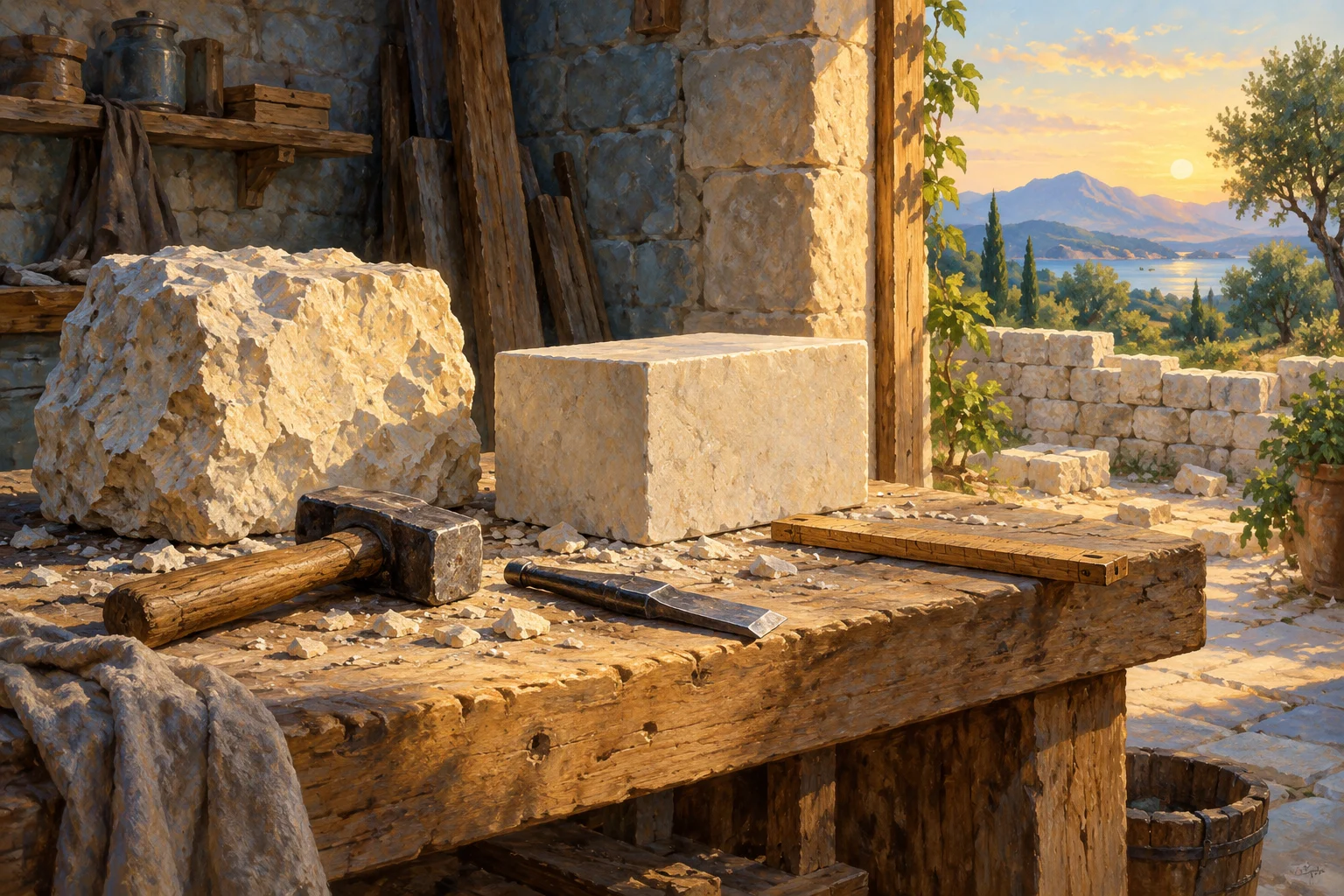 Rough and dressed stones, a hammer, chisel and rule lie beside the first courses of a wall.