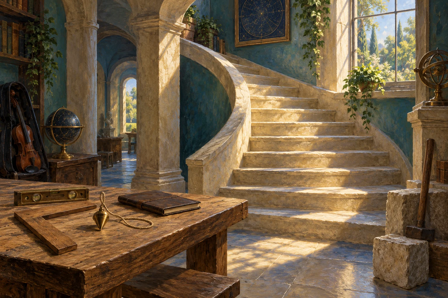 A winding stair rises from a study with a square, level, plumb line, violin and globe.