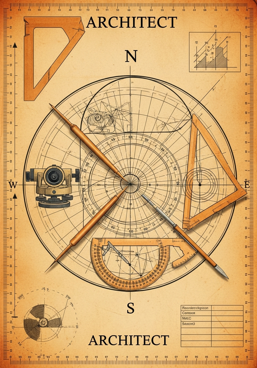 An amber compass rose and drafting instruments on a parchment chart marked Architect.
