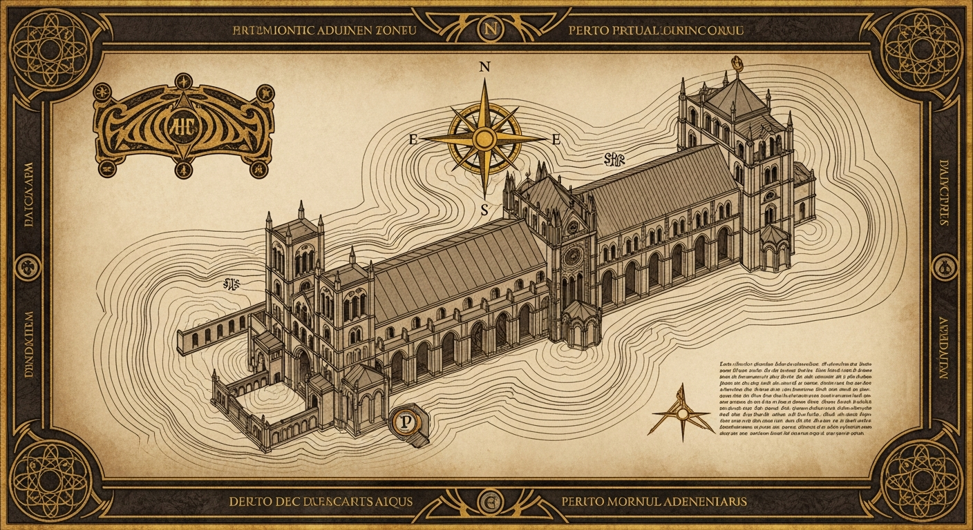 An imagined cathedral on parchment, surrounded by contour lines and a compass rose.