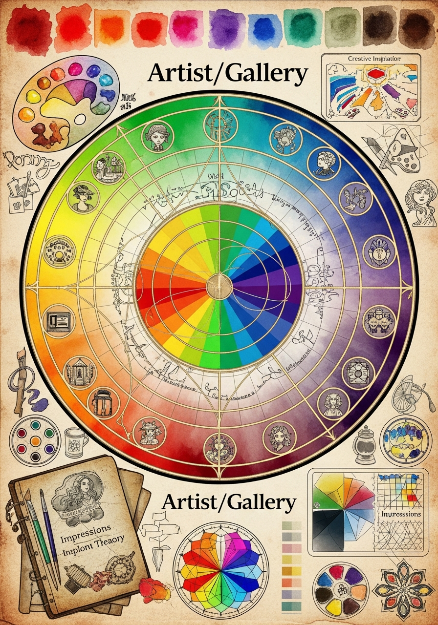 A richly coloured wheel, pigments and an artist’s palette arranged on parchment.