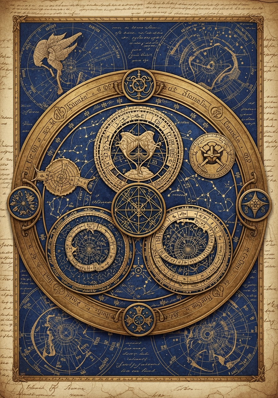 A blue and gold astrolabe surrounded by celestial diagrams on parchment.