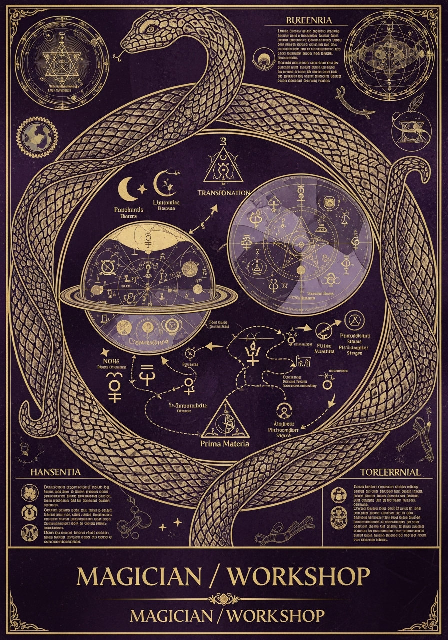 A violet and gold serpent entwined with alchemical diagrams on a chart marked Magician and Workshop.