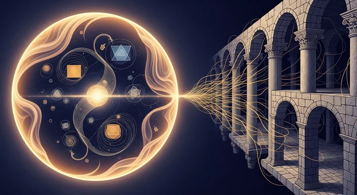 A glowing sphere of geometric forms sends golden threads into a two-level stone arcade.