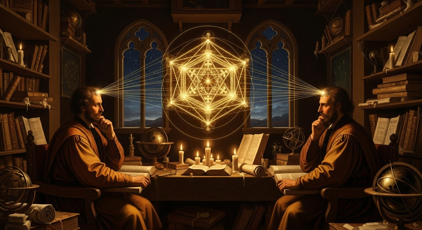 Two seated scholars face each other across a candlelit desk, linked by a glowing geometric network between their foreheads.