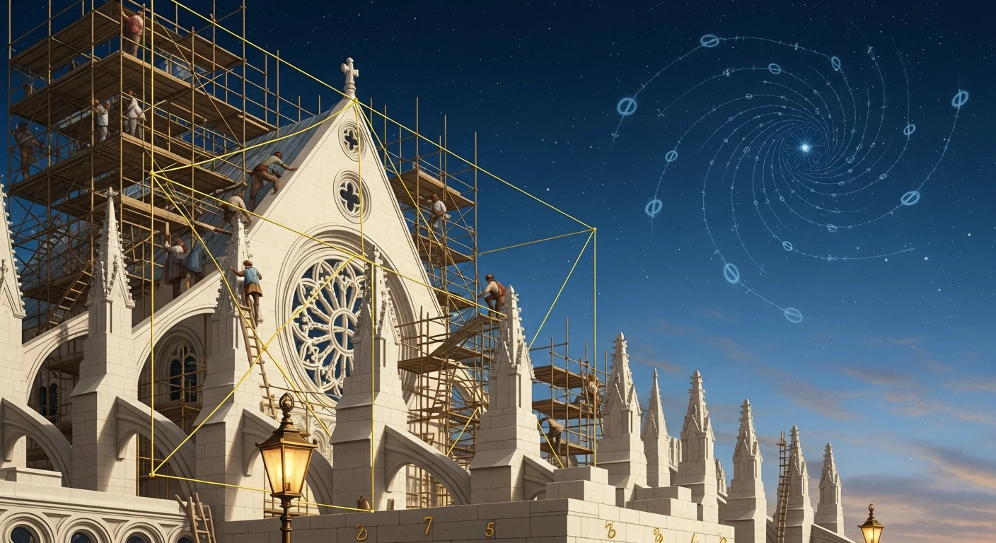 Workers and scaffolding surround a pale stone cathedral, with gold geometric lines and a blue spiral suspended above it.