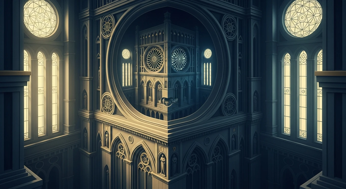 A cathedral structure appears nested inside a large circular opening, surrounded by tall illuminated windows and repeating Gothic details.