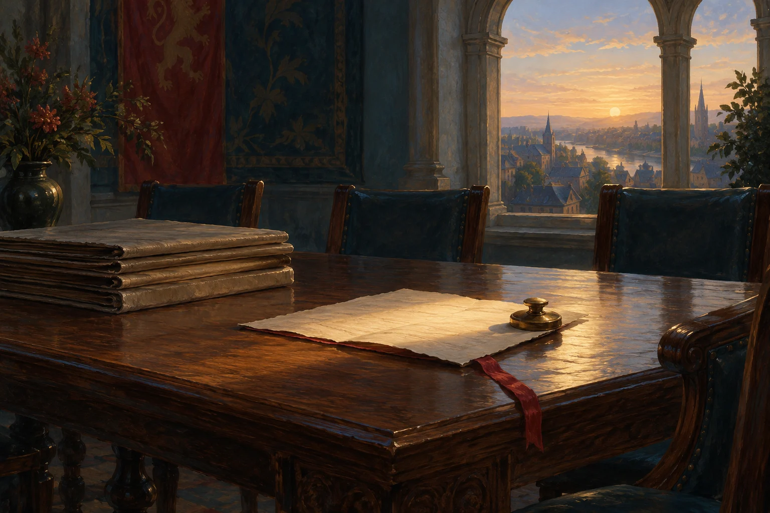 An illuminated page with a red ribbon remains beside stacked papers in an empty council chamber.