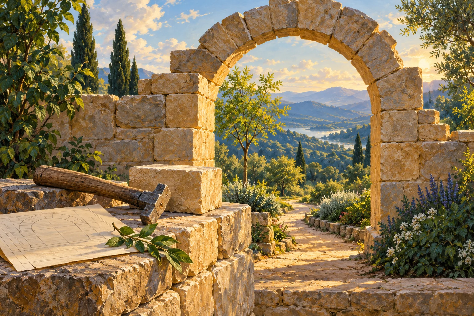 An unfinished garden arch stands beside tools, a plan and a growing tree.