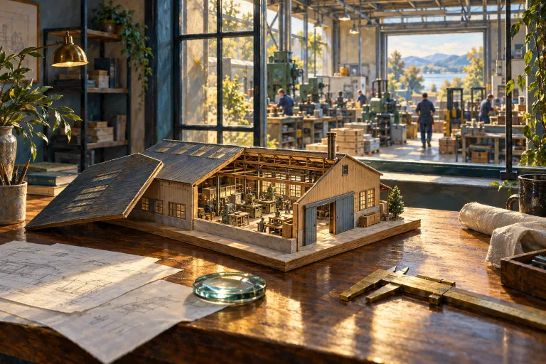 A miniature factory, measuring tools and an open notebook on a bench beside a working factory.