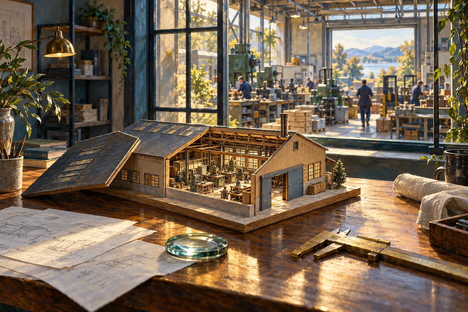 A miniature factory, measuring tools and an open notebook on a bench beside a working factory.
