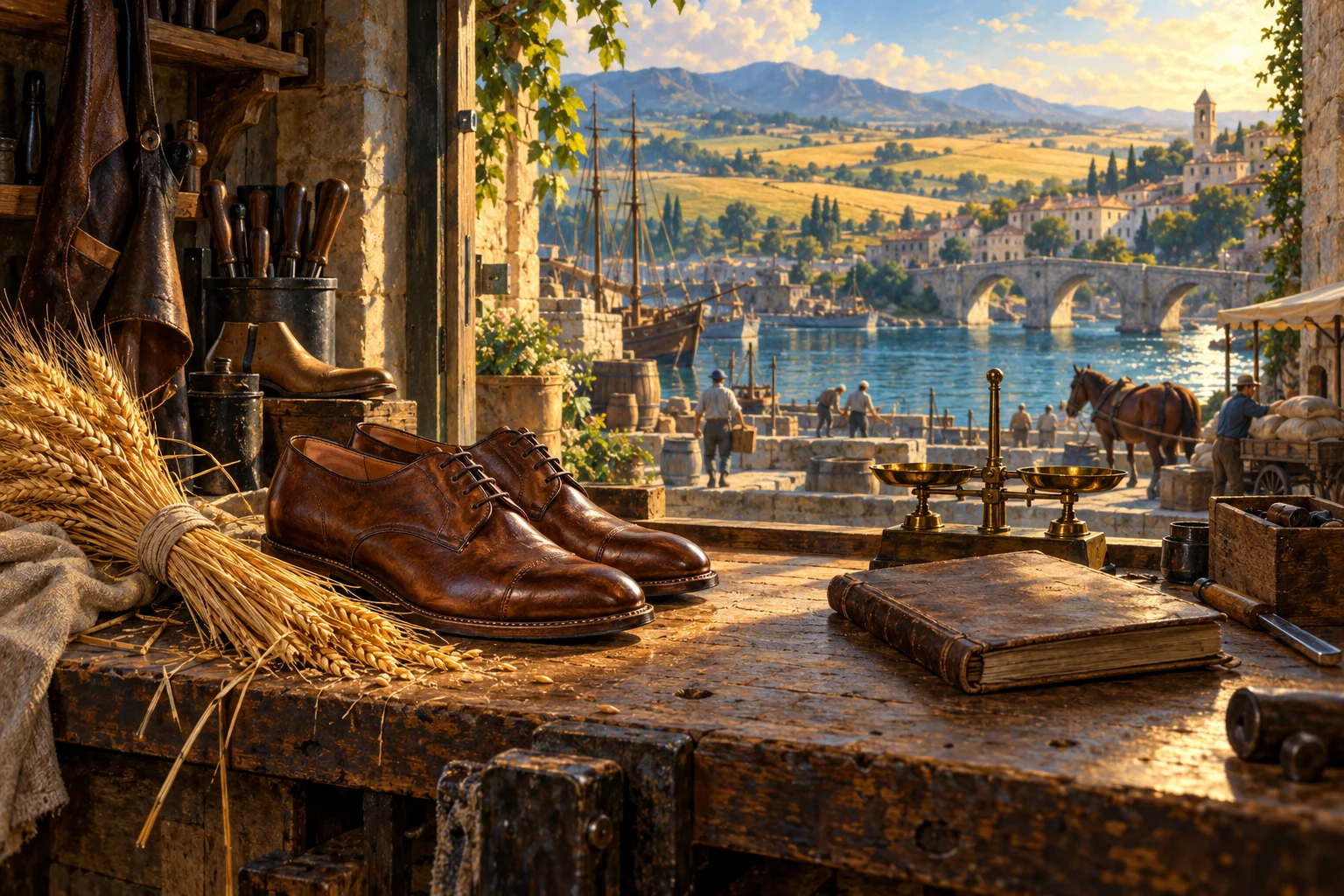 Shoes, wheat, a ledger and a small brass balance on a sunlit workbench overlooking a harbour.