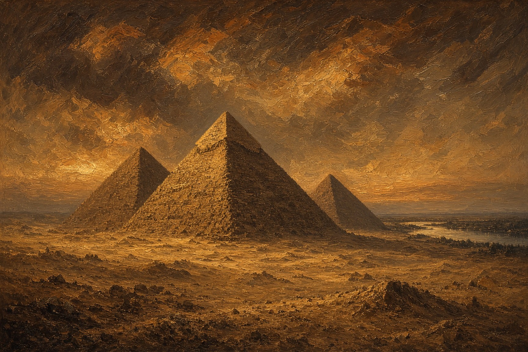 A richly textured golden painting of pyramids beside a distant river under a glowing sky.
