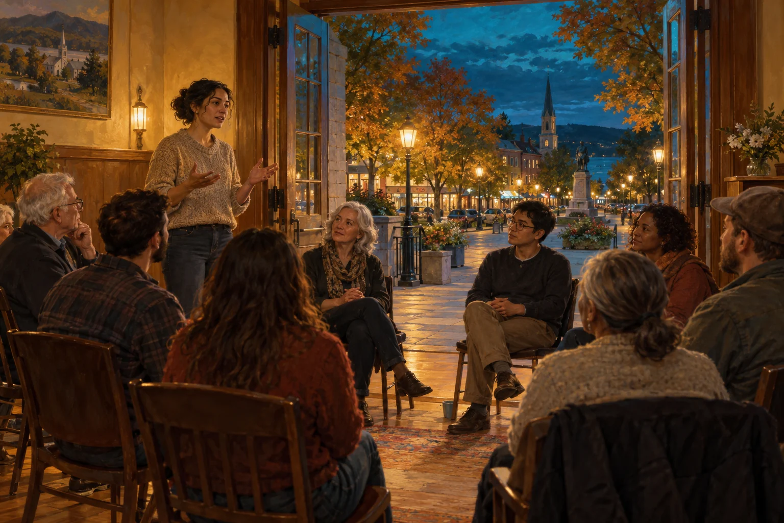 Neighbours listen to a speaker in a warmly lit town hall opening onto a public square at dusk.