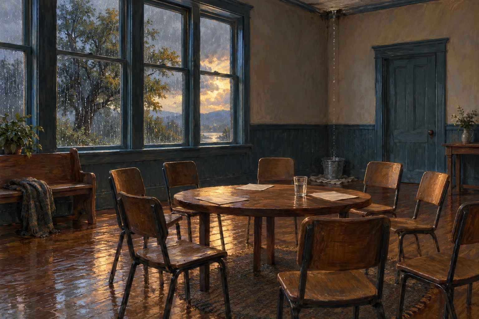 An empty community hall with chairs, a table and a bucket catching a small roof leak in clearing rain.