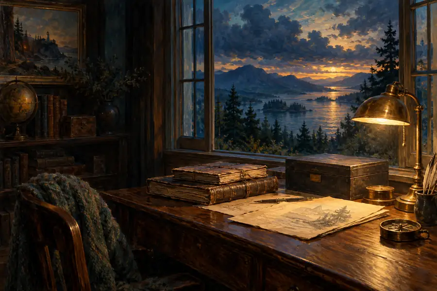 A lamplit desk, books and an archive box beside an open window at dusk.