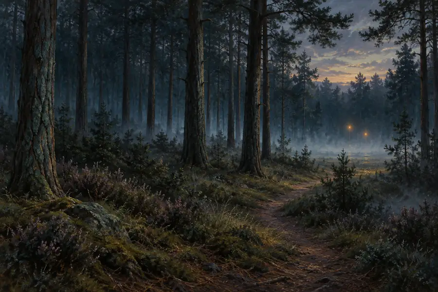 An oil painting of a pine forest, a misty path and two distant amber lights.
