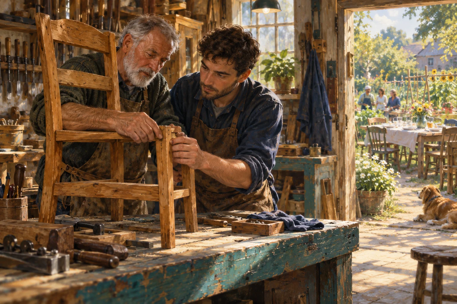 Two adult men of different generations repair a chair beside a garden where a shared meal is being prepared.